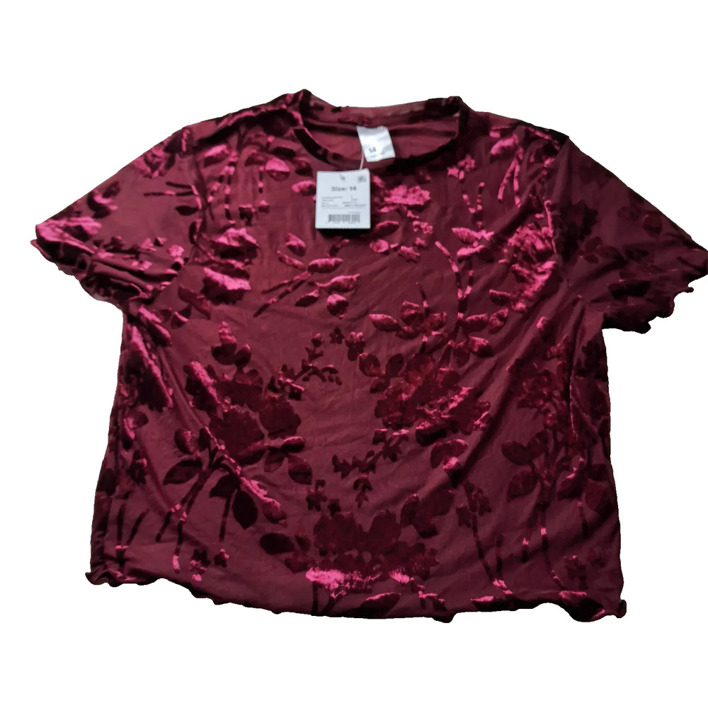 Women's Size 14 Burgundy Crushed Velvet Flocked Short Sleeve Top
